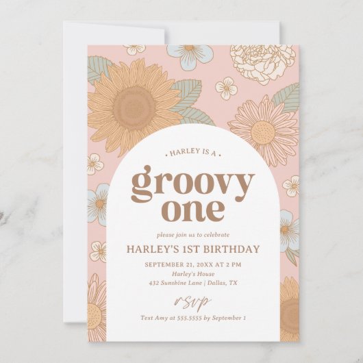 Groovy One Retro Floral 1e verjaardag Kaart (Voorkant)