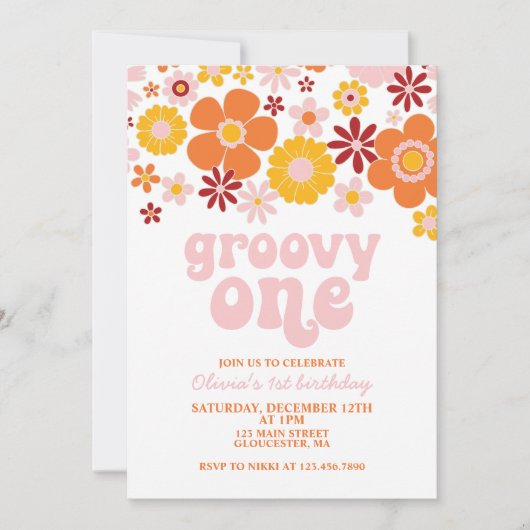 Groovy One Retro Floral 1e verjaardag Kaart (Voorkant)