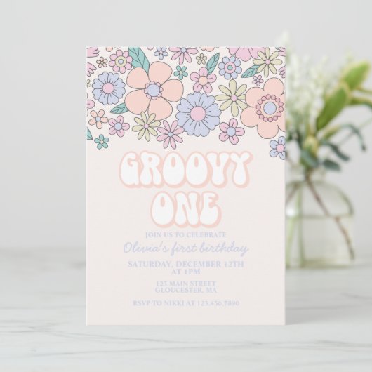 Groovy One Retro Floral 1e verjaardag uitnodiging (Staand voorkant)