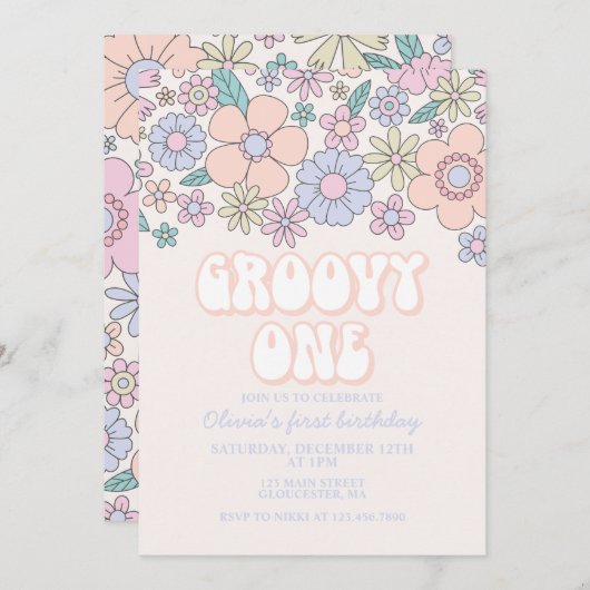 Groovy One Retro Floral 1e verjaardag uitnodiging (Voorkant / Achterkant)