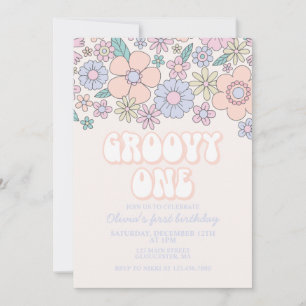 Groovy One Retro Floral 1e verjaardag uitnodiging