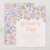 Groovy One Retro Floral 1e verjaardag uitnodiging (Voorkant / Achterkant)