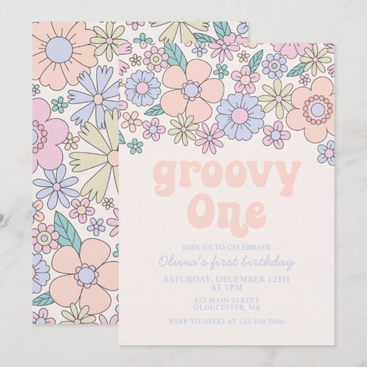 Groovy One Retro Floral 1e verjaardag uitnodiging (Voorkant / Achterkant)