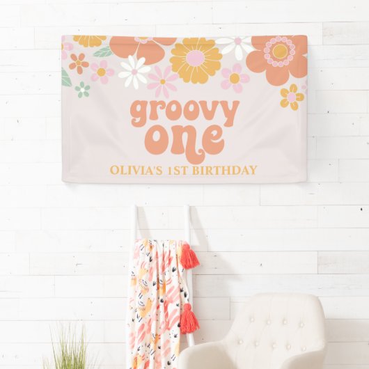 Groovy One Retro Floral Birthday Banner (Insitu)