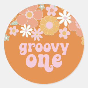 Groovy One Retro Floral Birthday Banner Ronde Sticker