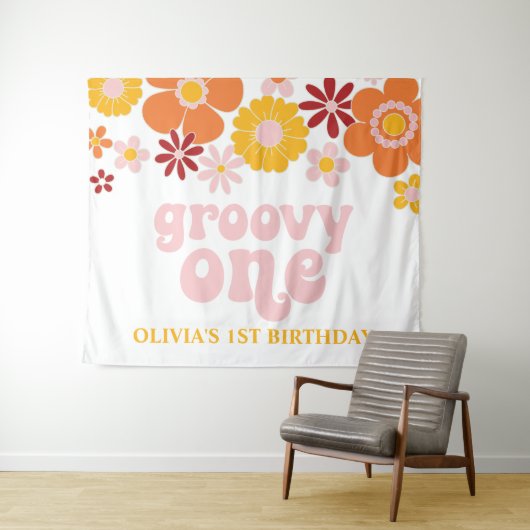 Groovy One Retro Floral Birthday Banner Wandkleed (In Situ (horizontaal))