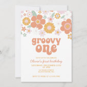 Groovy One Retro Floral eerste verjaardag Uitnodig Kaart (Voorkant)
