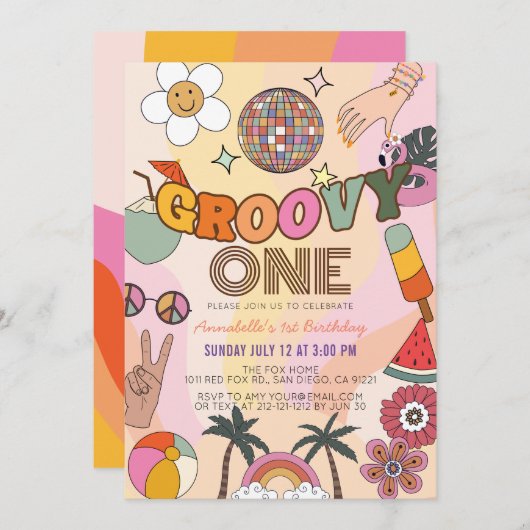 Groovy One Retro Girl 1ste verjaardag Kaart (Voorkant / Achterkant)