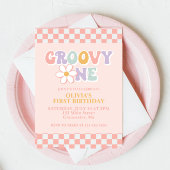 Groovy One Retro Girl First Birthday Invitation Kaart