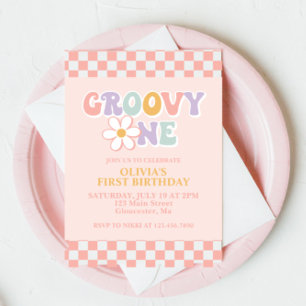 Groovy One Retro Girl First Birthday Invitation Kaart