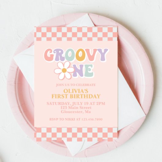 Groovy One Retro Girl First Birthday Invitation Kaart