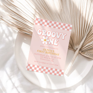 Groovy One Retro Girl First Birthday Invitation Kaart