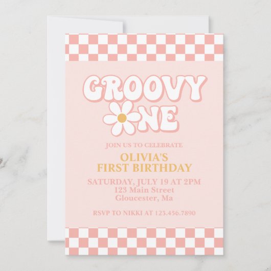 Groovy One Retro Girl First Birthday Invitation Kaart (Voorkant)