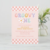 Groovy One Retro Girl First Birthday Invitation Kaart (Staand voorkant)