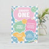 Groovy One Retro glimlacht eerste verjaardag Kaart (Staand voorkant)