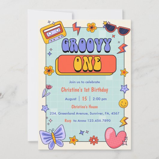 Groovy One Retro Hippie 1e Verjaardagsfeest Kaart (Voorkant)