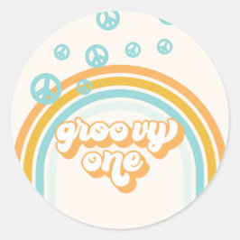 Groovy One Retro Jongen 1e Verjaardag Papieren Bor Ronde Sticker