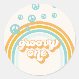 Groovy One Retro Jongen 1e Verjaardag Papieren Bor Ronde Sticker