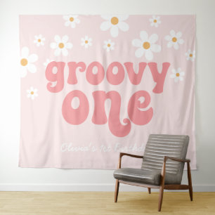 Groovy One Retro Madeliefje Roze 1e Verjaardag Ban Wandkleed