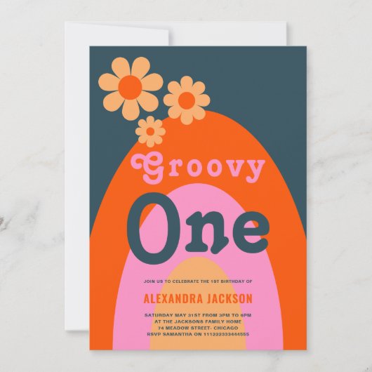 Groovy One Retro Meisjes 1e Verjaardagsfeest Kaart (Voorkant)