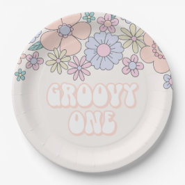 Groovy One Retro pastelkleurig bloemig 1e verjaard Papieren Bordje