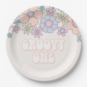 Groovy One Retro pastelkleurig bloemig 1e verjaard Papieren Bordje