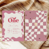 Groovy One Retro Pink Checkered 1st Birthday Invit Kaart