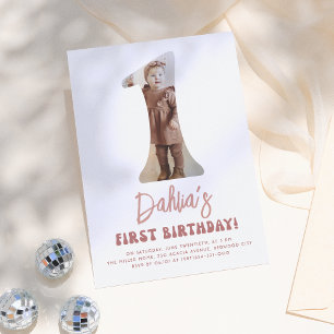 Groovy One Retro Pink Floral Foto 1e verjaardag Kaart