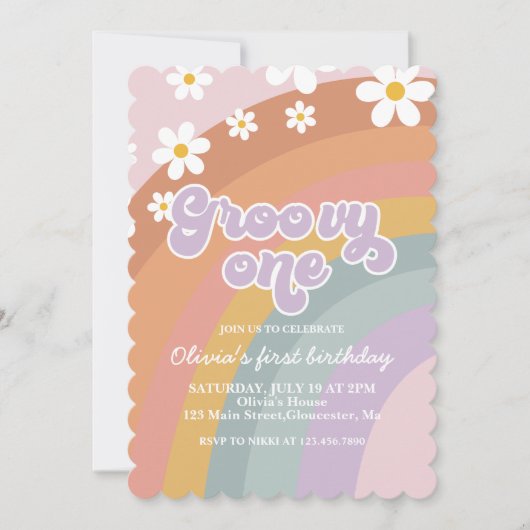 Groovy One Retro Rainbow 1e Birthday Uitnodiging (Voorkant)