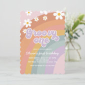Groovy One Retro Rainbow 1e Birthday Uitnodiging (Staand voorkant)