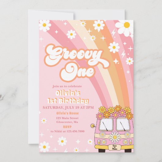 Groovy One Retro Rainbow 1e Birthday Uitnodiging (Voorkant)