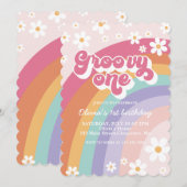 Groovy One Retro Rainbow 1e Birthday Uitnodiging (Voorkant / Achterkant)