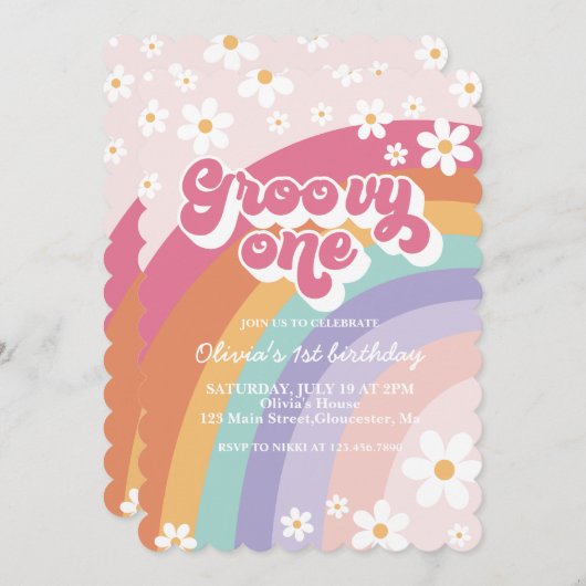 Groovy One Retro Rainbow 1e Birthday Uitnodiging (Voorkant / Achterkant)