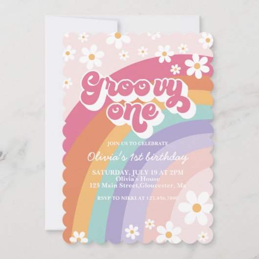 Groovy One Retro Rainbow 1e Birthday Uitnodiging (Voorkant)
