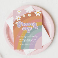 Groovy One Retro Rainbow 1e Birthday Uitnodiging