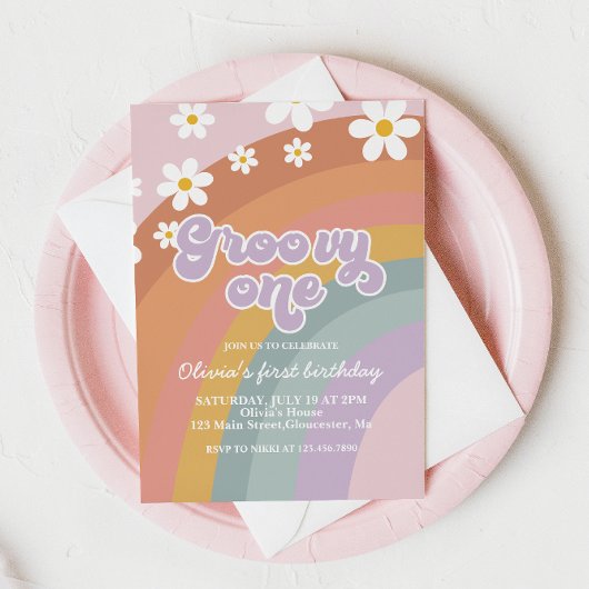Groovy One Retro Rainbow 1e Birthday Uitnodiging
