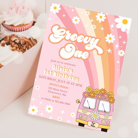 Groovy One Retro Rainbow 1e Birthday Uitnodiging