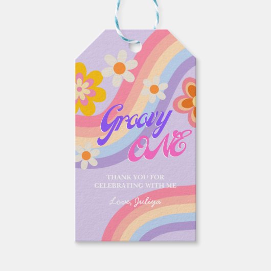 Groovy One Retro Rainbow 1e verjaardag Cadeaulabel (Voorkant)