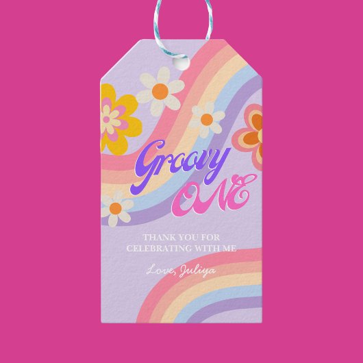 Groovy One Retro Rainbow 1e verjaardag Cadeaulabel