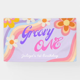 Groovy One Retro Rainbow 1e verjaardag Spandoek