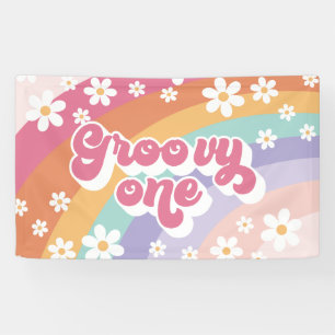 Groovy One Retro Rainbow 1e verjaardag Spandoek