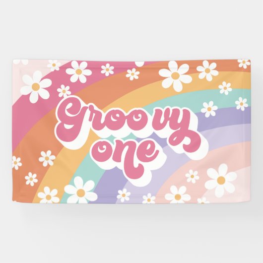 Groovy One Retro Rainbow 1e verjaardag Spandoek (Horizontaal)