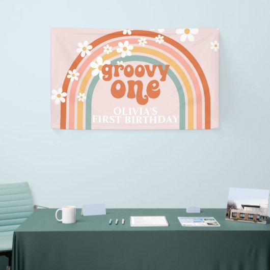 Groovy One Retro Rainbow Daisy Birthday Banner (Beurs)