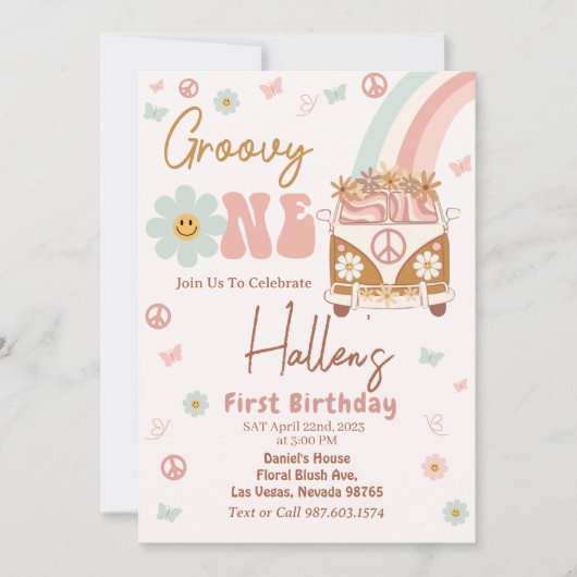 Groovy One Retro Rainbow First Birthday Kaart (Voorkant)