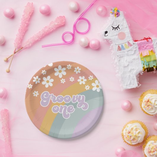 Groovy One Retro Rainbow Paper-Borden Papieren Bordje (Feest)