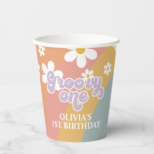 Groovy One Retro Rainbow Paper Cups Papieren Bekers (Voorkant)