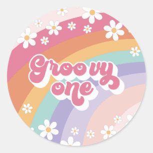 Groovy One Retro Regenboog 1e Verjaardag Ronde Sticker