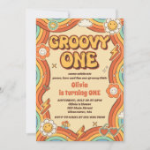 Groovy One Retro Regenboog 1e Verjaardagsfeest Kaart (Voorkant)