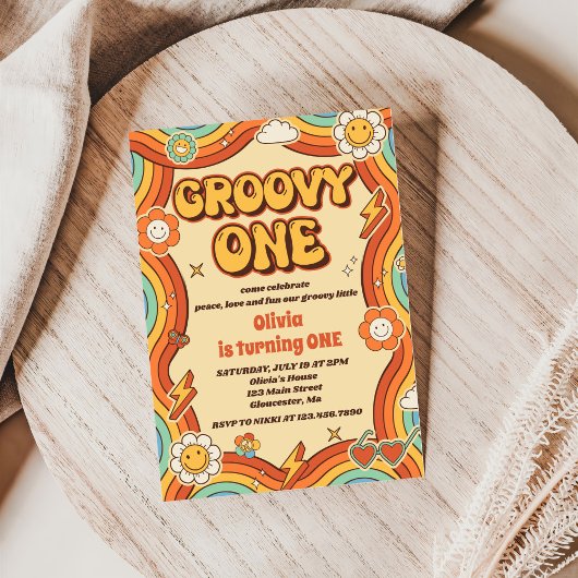 Groovy One Retro Regenboog 1e Verjaardagsfeest Kaart