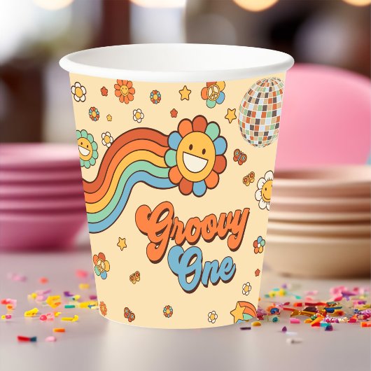 Groovy One Retro Regenboog 1e Verjaardagsfeest Papieren Bekers